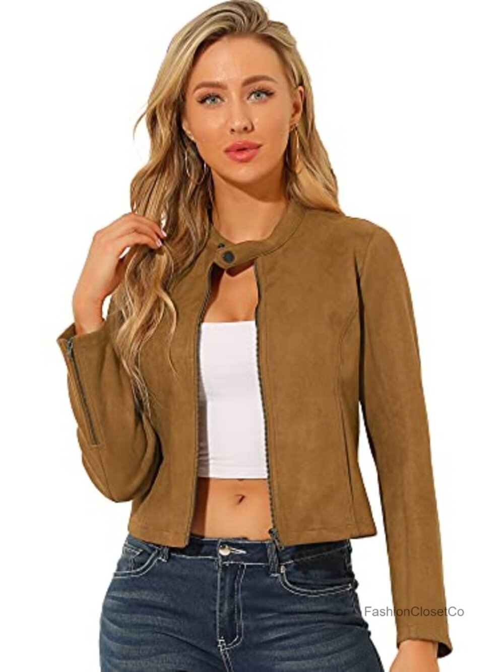 Faux Suede Crop Moto Biker Jacket Zip Up Long Sleeve Casual Outerwear